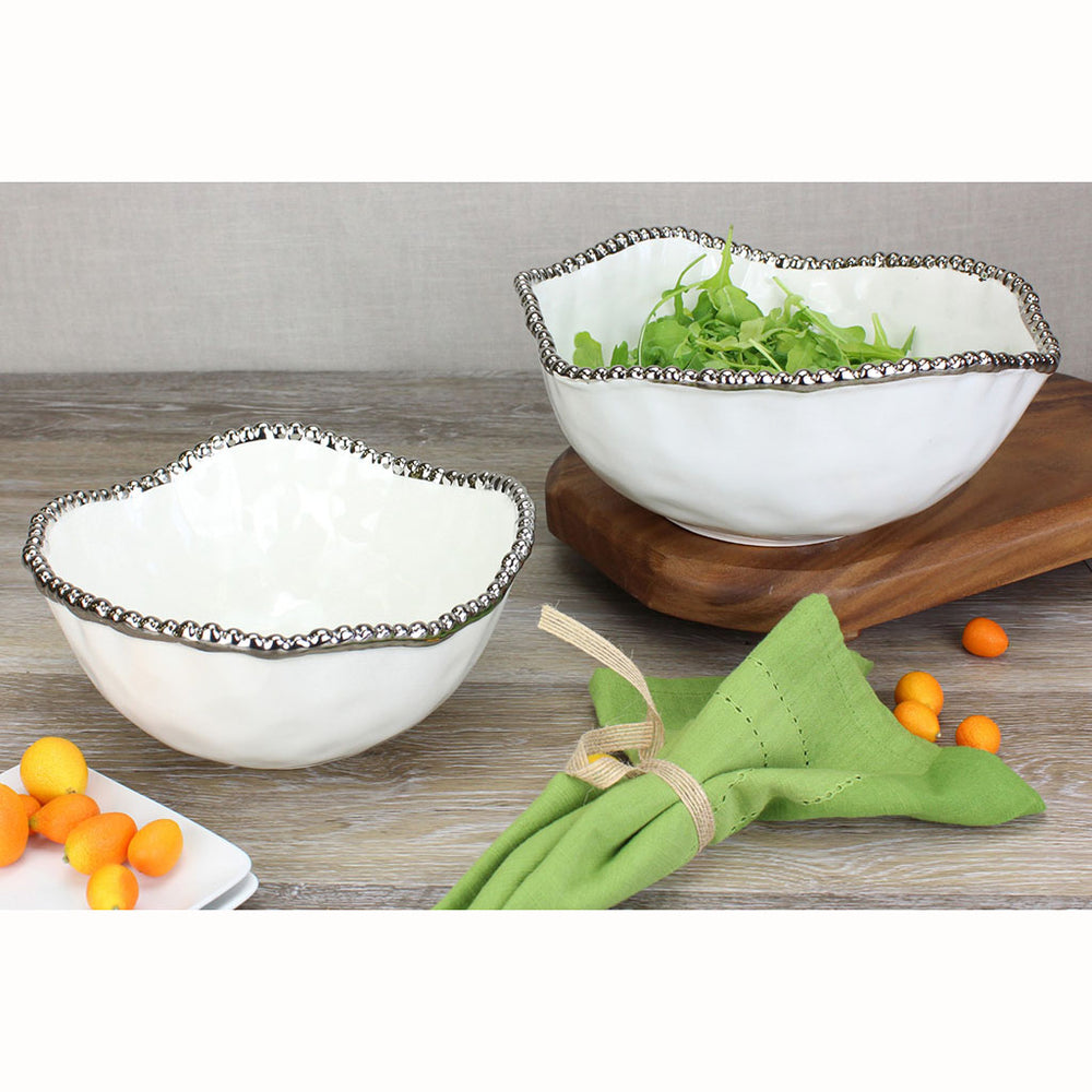 Porcelain Salad Medium Serving Bowl with Silver Beaded Rim