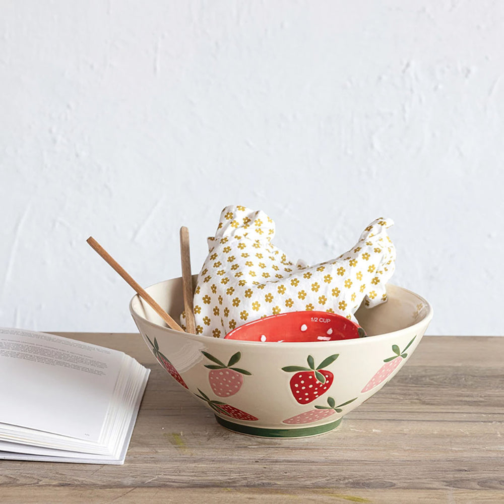 Hand Painted Stoneware Bowl with Strawberries