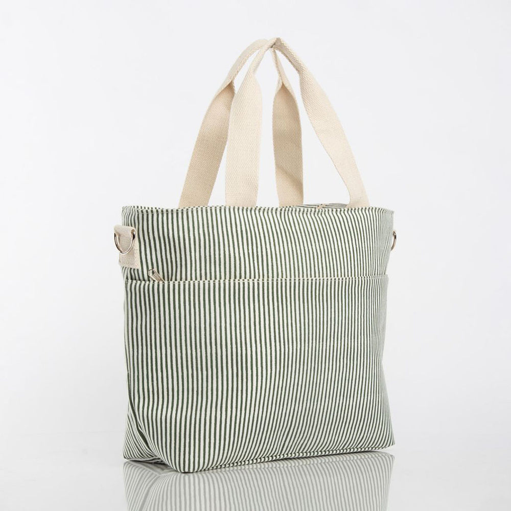 green striped cooler tote