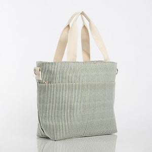 green striped cooler tote
