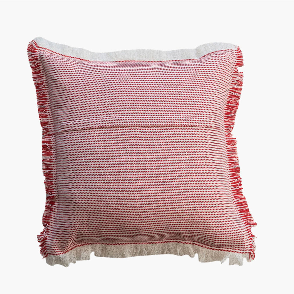 Woven Cotton Pillow with Stripes & Fringe