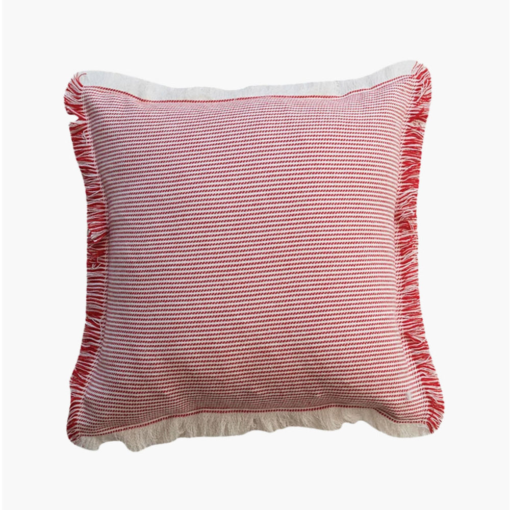 Woven Cotton Pillow with Stripes & Fringe