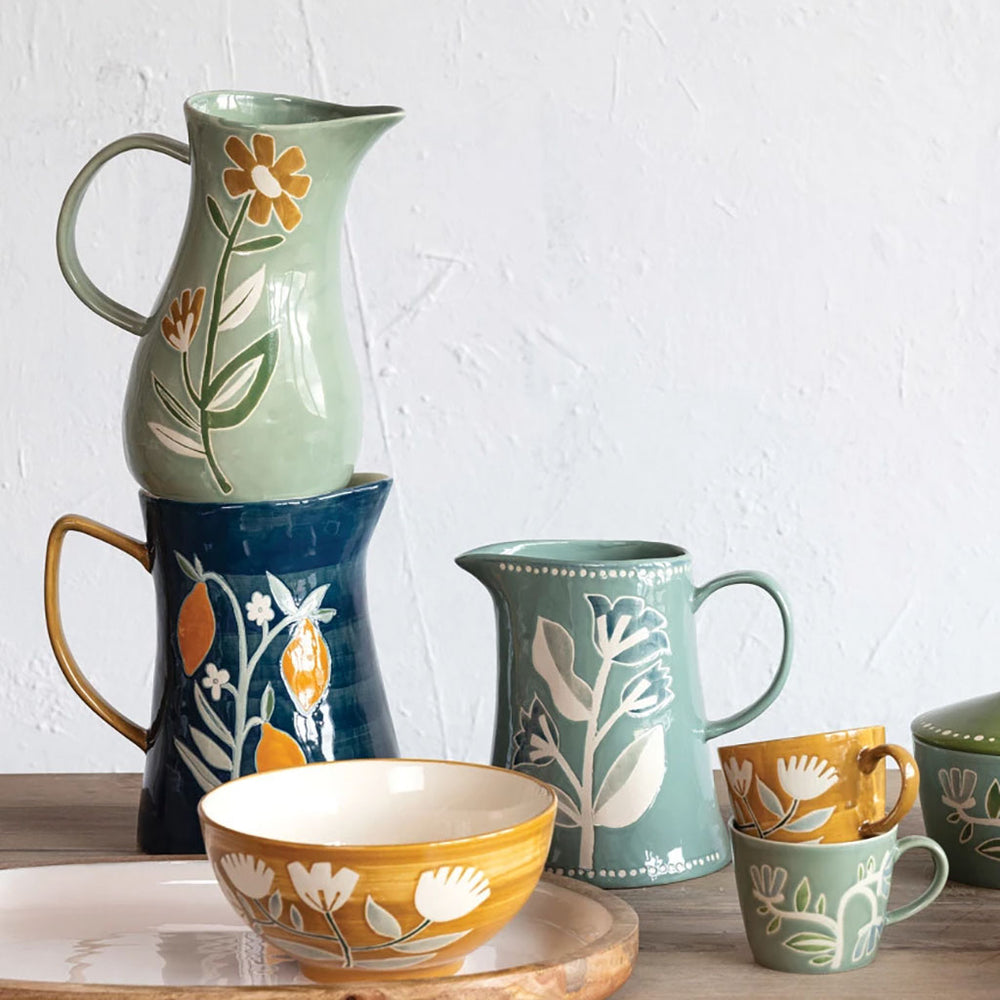 Stoneware Pitcher with Multicolor Flowers